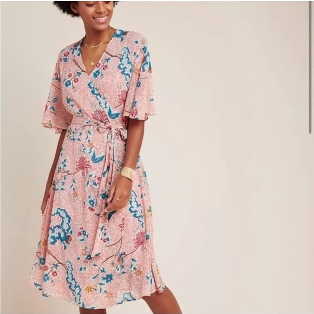Maeve Anthropologie Sheer Adelaide‎ Floral Wrap Midi Dress Pink Blue Short Slv